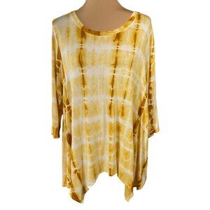 Green Envelope Knit Top Size 1X Yellow White Tie Dye Stretch